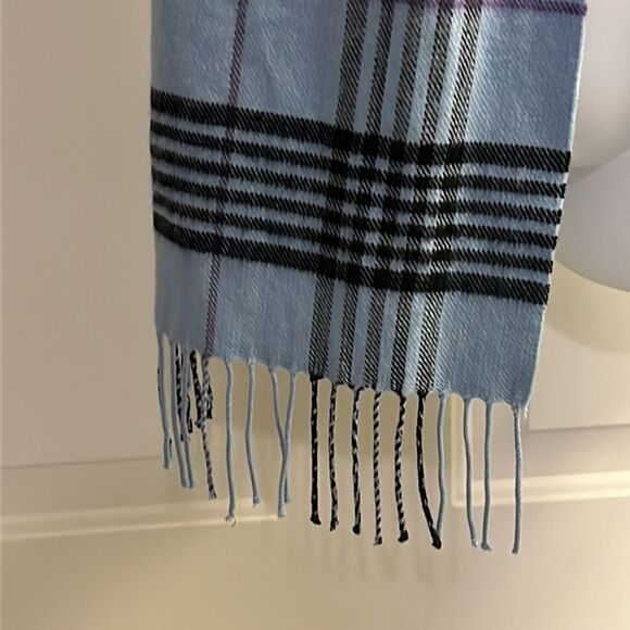 100% Cashmere Unisex Blue Plaid Tassel Winter Scarf 72” by 12.5” - Picture 3 of 12